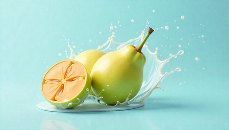Fresh pears and sliced citrus fruit with milk splashの写真素材