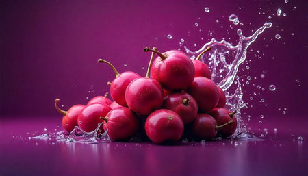 Pile of red plums with water splash on purple background