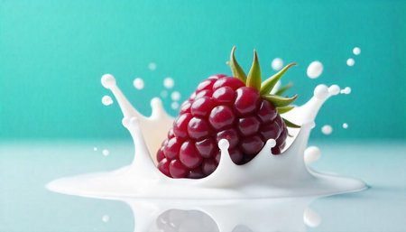 Fresh blackberry splashing into milk on a turquoise background