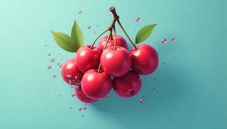 Lush vibrant cherry cluster on pastel backdrop with water droplets