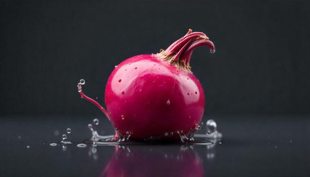 Vibrant radish with splashing water on a dark surfaceの写真素材