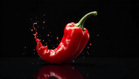 A vibrant red chili pepper with liquid splash isolated