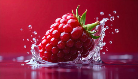 Fresh raspberry splashing in water on a red background