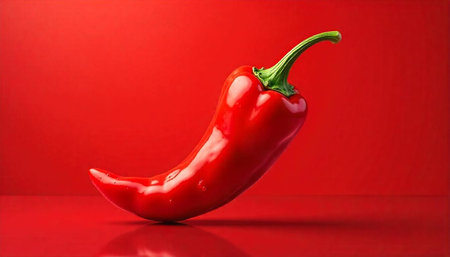 Single red chili pepper against a vibrant red background