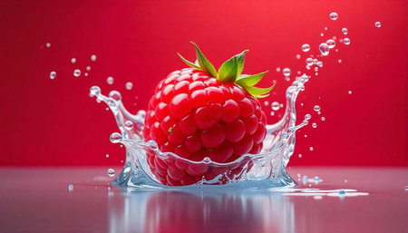 Fresh raspberry falling into water with splash effect