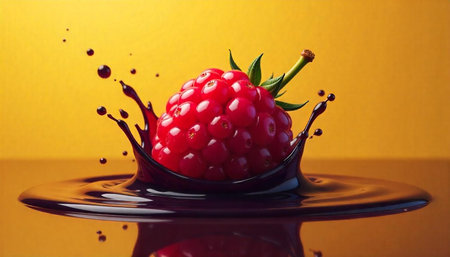 Fresh raspberry splashing into dark chocolate sauce, bright backdrop