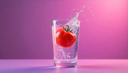 Tomato splashing into a glass of water against pinkの写真素材
