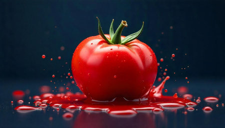 Vibrant red tomato splash with dark background in studioの写真素材