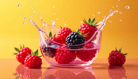 Fresh raspberries and blackberries in a glass with waterの写真素材