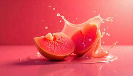 Vibrant grapefruit halves with splash on a monochromatic backgroundの写真素材