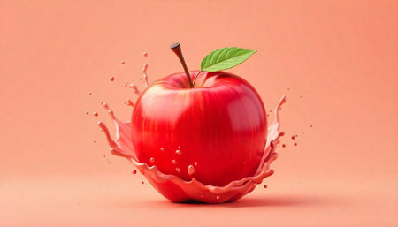 Vibrant red apple with juice splash on peach backgroundの写真素材