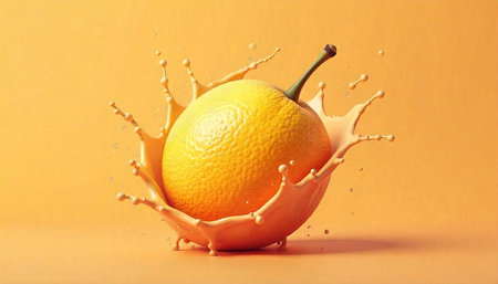 Vibrant lemon with juice splash on warm color background