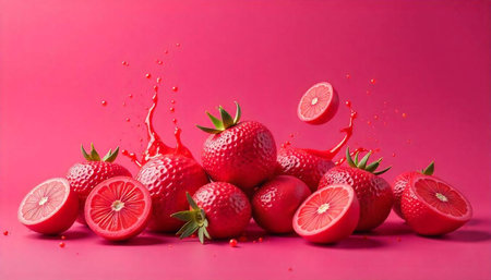 Vibrant arrangement of red strawberries and grapefruit halves on pink