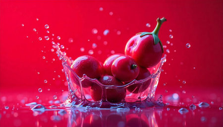 Red fruits splash in clear water, against solid red background