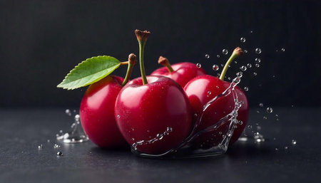 Four red cherries with water droplets on a black background