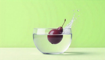 Cherry splashing into clear water against green backdrop studioの写真素材