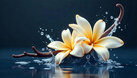 Plumeria flowers and vanilla bean with water splashes