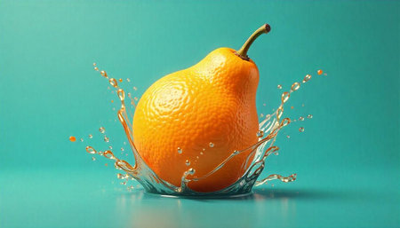 Fresh pear splashing into water on a teal backgroundの写真素材