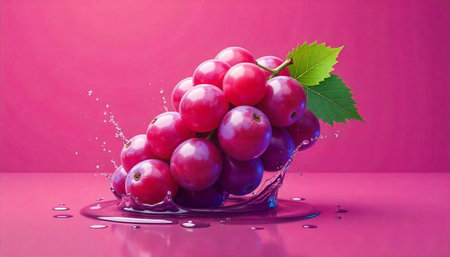 Vibrant grapes with water splash on pink backgroundの写真素材