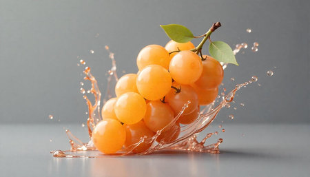 Golden grapes splash with water droplets on gray background