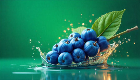 Blueberries in water splash with green leaf and stemの写真素材
