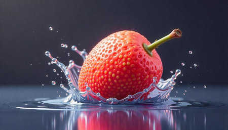 Fresh strawberry falling into water creating a splash effectの写真素材