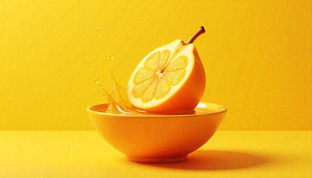 Refreshing half-cut lemon in bowl with juice splash