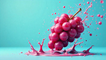 Vibrant pink grapes with splash on turquoise surface studio