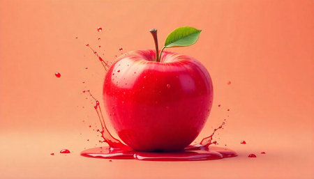 Fresh red apple with splash on orange background