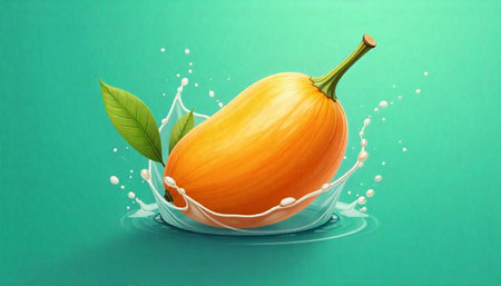 Vibrant mango with leaves in splashing water studio shot