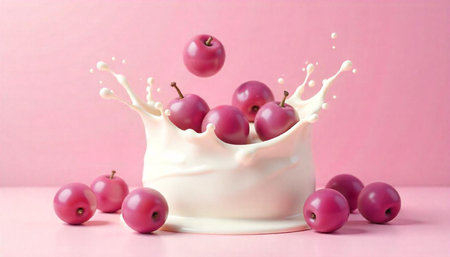 Plum fruit splashing into milk against pink pastel background