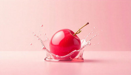 Ripe red cherry splashing in water with pink background
