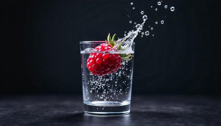 Vibrant raspberry splashing into a clear glass of water
