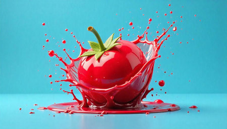 Red sphere with green leaves in liquid splash studioの写真素材