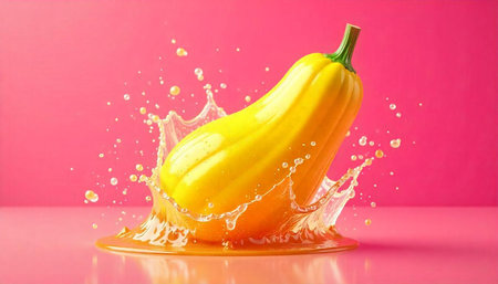 Vibrant yellow squash amidst splashing juice on pink backdrop
