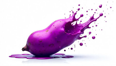 Vibrant purple yam with paint splash on white backdrop