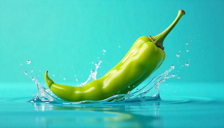Green pepper submerged in water creating splashes and ripplesの写真素材