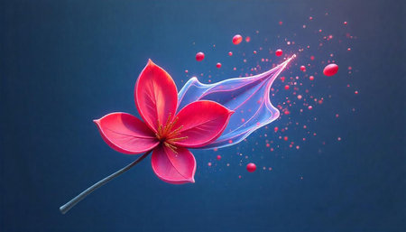 Abstract red flower with luminous vapor and floating particles
