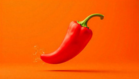 Vibrant Red Chili Pepper on Orange Background With Splash
