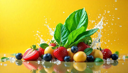 Fresh berries and fruit with water splash on yellow