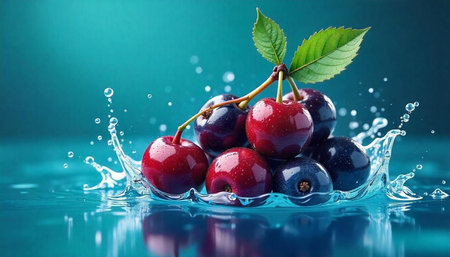 Fresh cherries splashing in water on a blue background