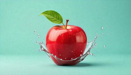 Fresh red apple with water splash, vibrant and appetizing