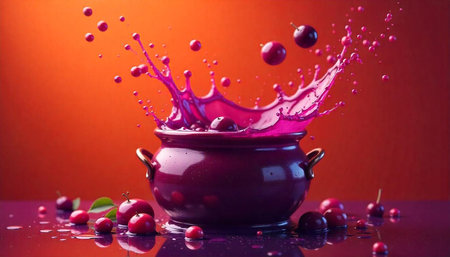 Cherries splash in a vibrant pot, artistic still life
