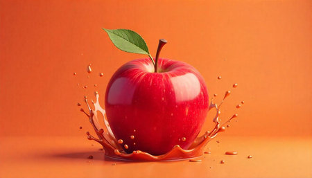 Red Apple Splashing in Juice on Orange Background