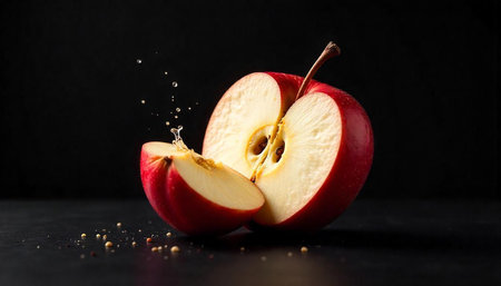 Sliced red apple with juice droplets on dark backgroundの写真素材