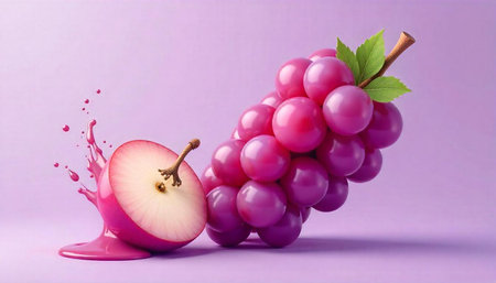 Vibrant Grape Bunch and Half Apple with Pink Juiceの写真素材