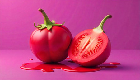 Stylized tomato still life on a vibrant pink background