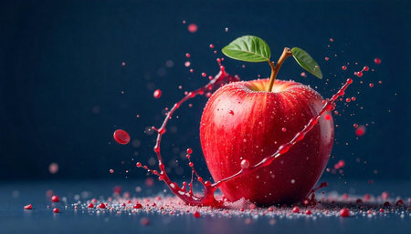 Bright red apple with juice splash on dark backdropの写真素材