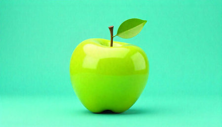 Green Apple with leaf on simple bright background.