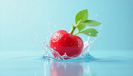 Fresh red fruit splashing in water against blue background
